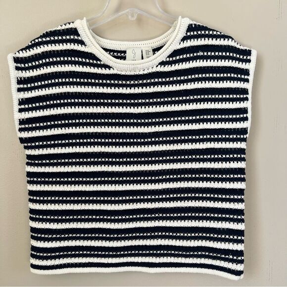 Joie Blue White Nautical Preppy Crew Neck Striped Short Sleeve Sweater-M - Picture 1 of 13